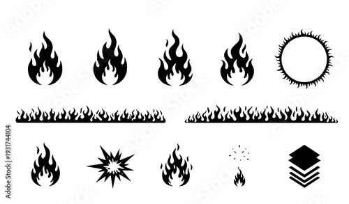 A set of black flame icons and illustrations on a white background
