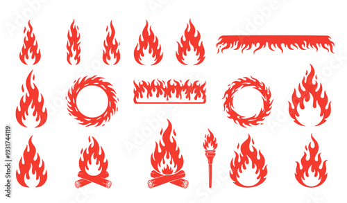 A set of vibrant red flame icons and illustrations in various styles and shapes.