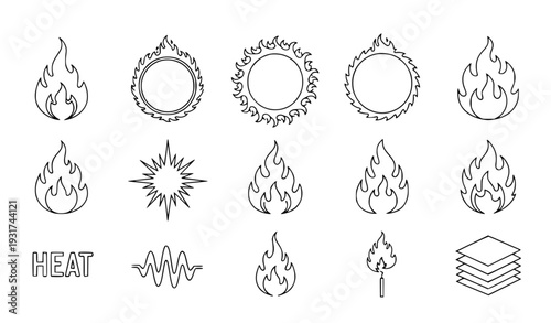 A set of minimalist line art flame icons and heat symbols in a simple vector graphic design