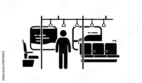A minimalist vector graphic illustration of a person standing in a subway train car with hanging handles and empty seats