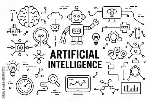 AI workflow doodle hand-drawn illustration showing artificial intelligence brain robot gears neural network computer screen data flow cloud.