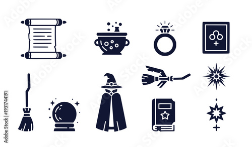 A set of minimalist magic icons and symbols in a flat design style