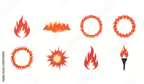 A set of vibrant flame icons and illustrations in various styles and shapes.