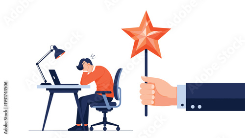 Stressed businessman sitting at his laptop while a giant hand offers a magical star wand representing hope and creative solutions.