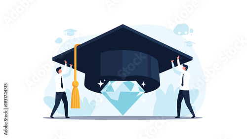 Two business professionals lifting a massive graduation cap to uncover a sparkling diamond representing the value of education.