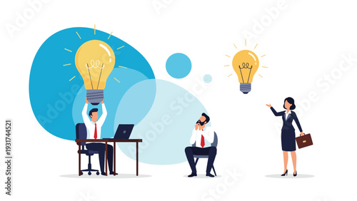 Group of business professionals in an office with light bulbs of varying sizes illustrating differences in creative idea generation.