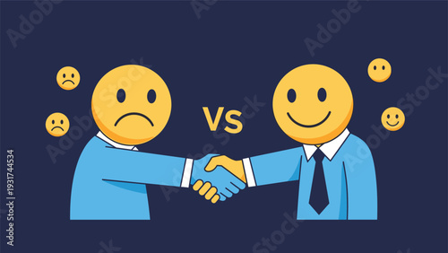 Two business characters with emoji heads shaking hands representing a comparison between customer dissatisfaction and happiness.
