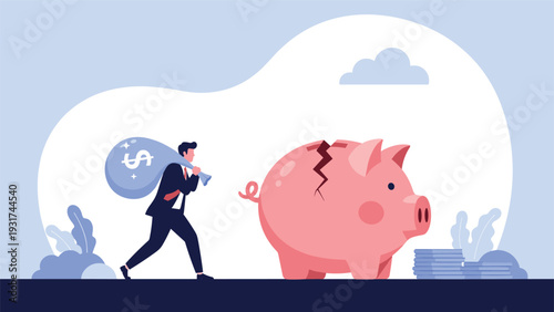Businessman carrying a large sack of money while walking away from a cracked and broken giant piggy bank on the ground.