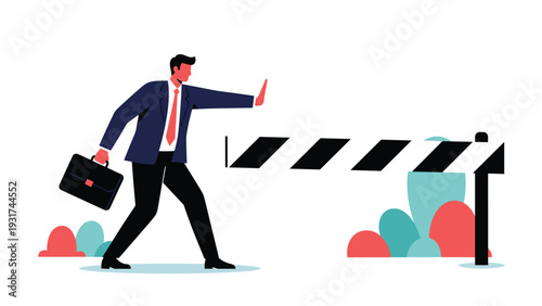 Professional businessman with a briefcase holding up his hand to stop at a black and white striped road barrier obstacle.
