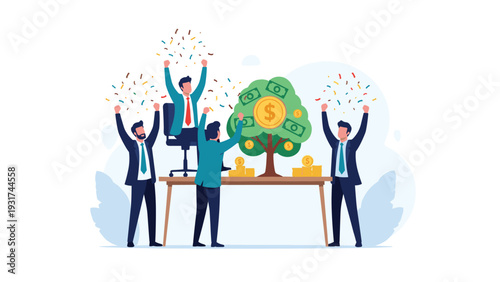 Happy business team members celebrating with confetti around table with money tree representing successful profit growth and wealth.