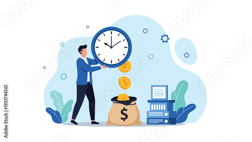 Businessman dropping gold coins into a massive money bag while holding a giant clock representing time as a valuable investment.