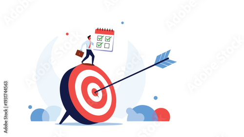 Businessman standing on top of a giant target board holding a checklist with green check marks representing goal attainment.