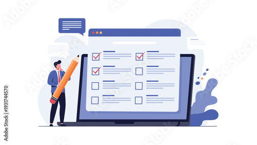 Businessman holding large pencil and standing next to huge laptop with checklist on screen representing digital task management.