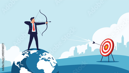 Businessman standing on top of world globe and aiming bow and arrow at target for global business success and market expansion.
