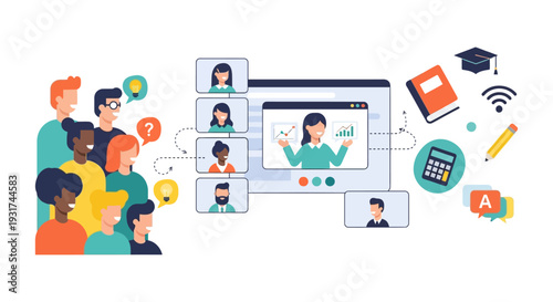 Virtual Classroom eLearning Concept. Diverse Students Attending Online Lesson or Webinar via Video Conference.