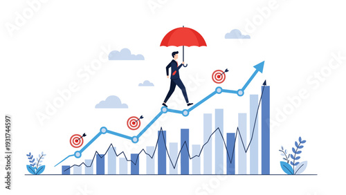 Ambitious professional walks up positive financial growth chart holding red umbrella to protect against market risks.