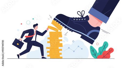 Oppressive giant boot prepares to crush a stack of gold coins that a desperate businessman is trying to protect.