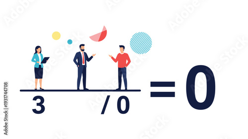 Diverse group of people standing on a line with mathematical equation showing results of zero output or inefficiency.