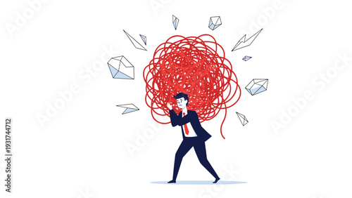 Stressed corporate businessman carries a huge tangled mess of red string on his back as white envelopes fly around him.