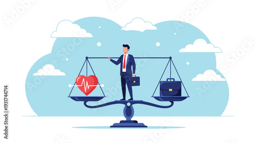 Responsible professional balances a healthy heart and business briefcase on a scale for better work life integration.