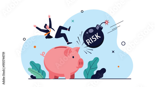 Lucky businessman falls from a giant piggy bank as a black bomb labeled risk flies toward his personal savings.
