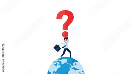 Confused businessman stands on top of planet earth holding a giant red question mark while searching for answers.