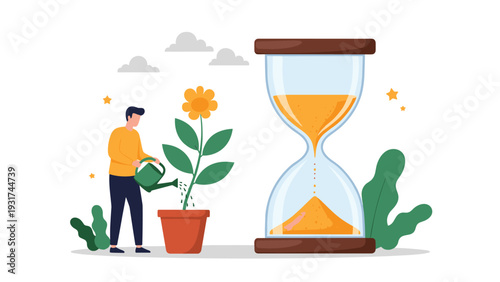 Patient gardener waters a small flower in a pot next to a giant hourglass counting down time for growth results.