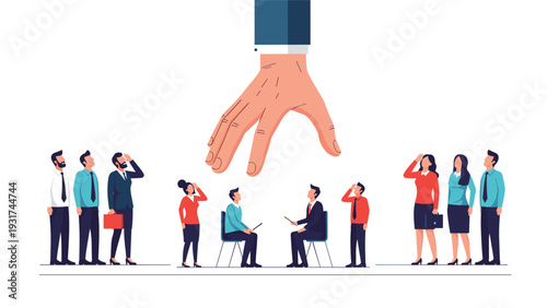 Giant hand reaches down to select one candidate from a group of job seekers during a corporate recruitment process.
