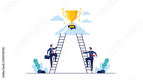 Two competitive professional businessmen climb separate ladders to reach a gold trophy sitting on a cloud in blue sky.