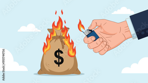 Powerful giant hand uses a blue lighter to set a brown money bag with a dollar sign on fire to symbolise inflation.