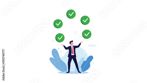 High-performing professional juggles five green check mark icons in a circle to represent successful task completion.