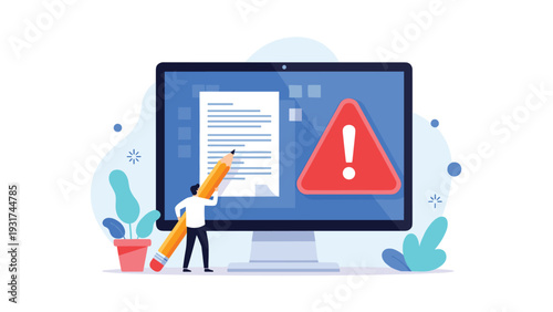 Detail-oriented professional uses a large pencil to edit a document on a computer screen next to a warning sign.