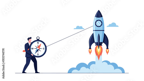 Successful visionary businessman holds a compass and points the way for a blue rocket ship launching into outer space.