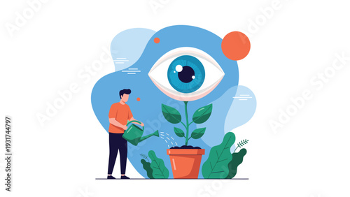 Focused professional man waters a potted plant that has a giant blue human eye instead of a flower for vision growth.