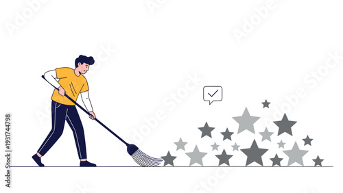 Diligent professional worker uses a broom to sweep a large pile of grey and black stars on a white floor for cleaning.