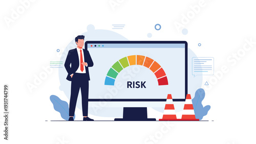 Businessman in formal suit stands beside large computer monitor displaying colorful semi-circle risk assessment gauge with traffic cones.