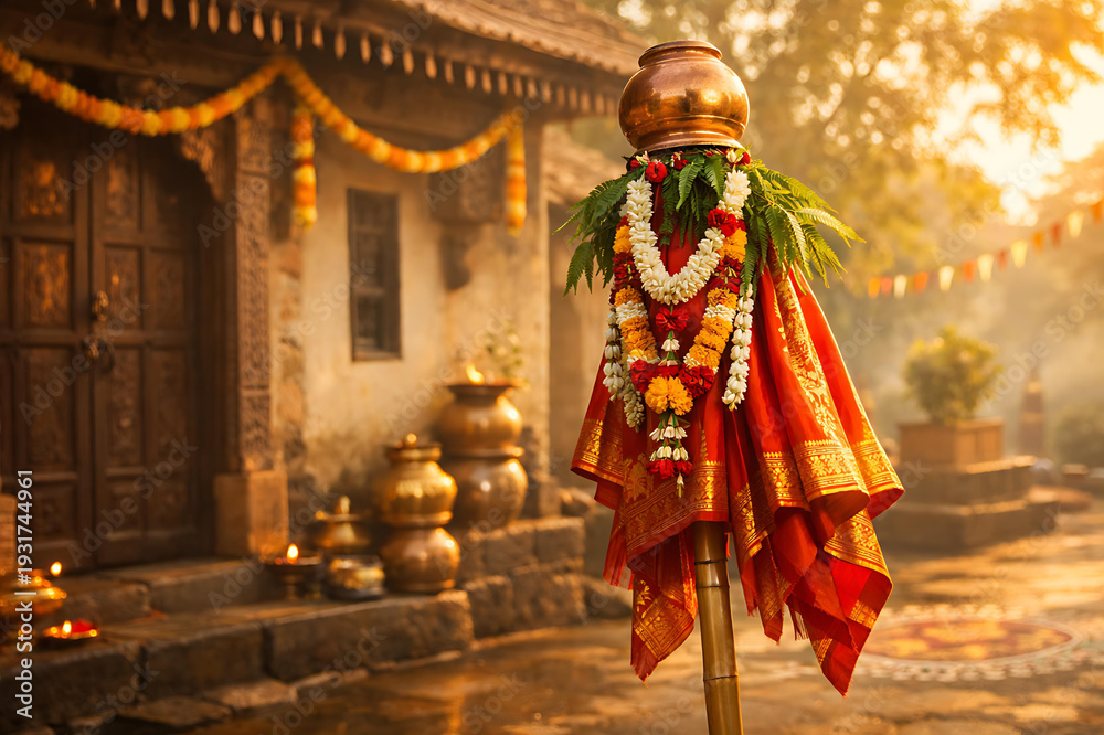 Naklejka premium Gudi Padva / Gudi Padwa & Ugadi Celebration – Traditional New Year Festival with Gudi and Festive Decorations