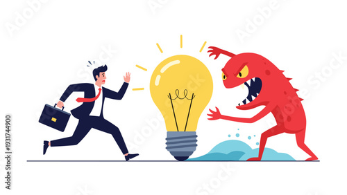 Terrified businessman in suit runs away from large red angry monster near giant glowing light bulb depicting fear of new ideas.
