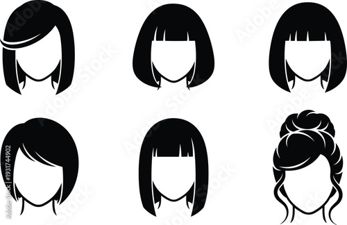 Black vector illustration set of six different women’s hairstyle silhouettes including bob cuts, bangs, layered styles, updo, fashion beauty design