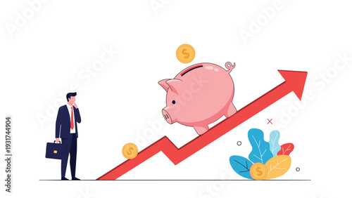 Pensive businessman watches large pink piggy bank walk up steep upward trending red arrow for savings and wealth accumulation.