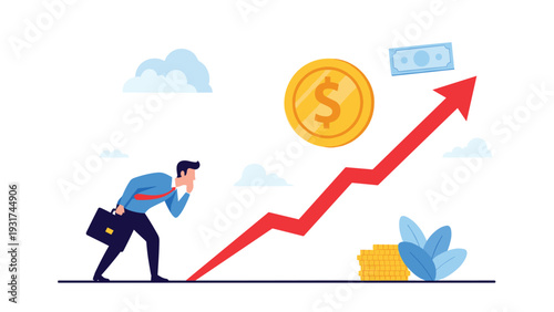 Businessman in suit watches upward trending red arrow beside giant gold coin and flying banknote for high financial growth concept.