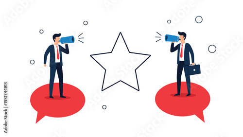 Two business professionals stand on red speech bubbles and shout through blue megaphones toward central star for communication.