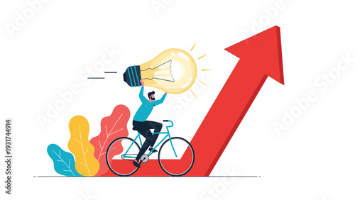 Determined man rides bicycle while holding massive glowing light bulb upward on steep rising red trend arrow for innovative growth.