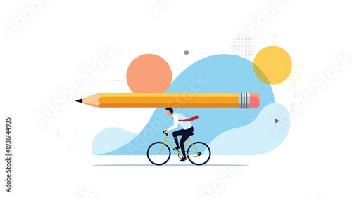 Efficient businessman rides bicycle while balancing massive yellow pencil across his shoulders against abstract blue shapes.