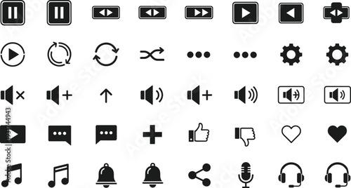 Media Control and Interface Icons Set with Play Pause Volume Settings Like Share Music and Notification Symbols Vector Collection