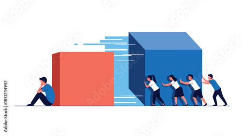 Group of four people works together to push large blue cube toward lonely man sitting beside red cube for teamwork versus isolation.