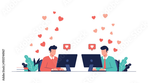 Two men working at their computer desks with numerous red heart symbols floating above depicting online dating interaction.