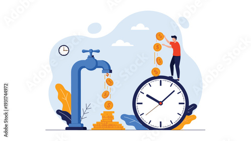 Professional man stands on giant clock face placing gold coins into stream falling from large blue tap for time value concept.