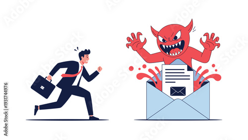 Panicked businessman runs away from large red horned monster emerging from open email envelope representing digital threats.