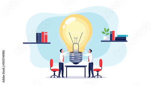 Two professionals in white shirts cooperate to hold massive glowing light bulb above desk in office for collective brainstorming.